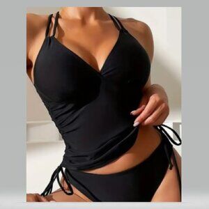 Black V-Neck Tankini Set (with adjustable draw-string sides)